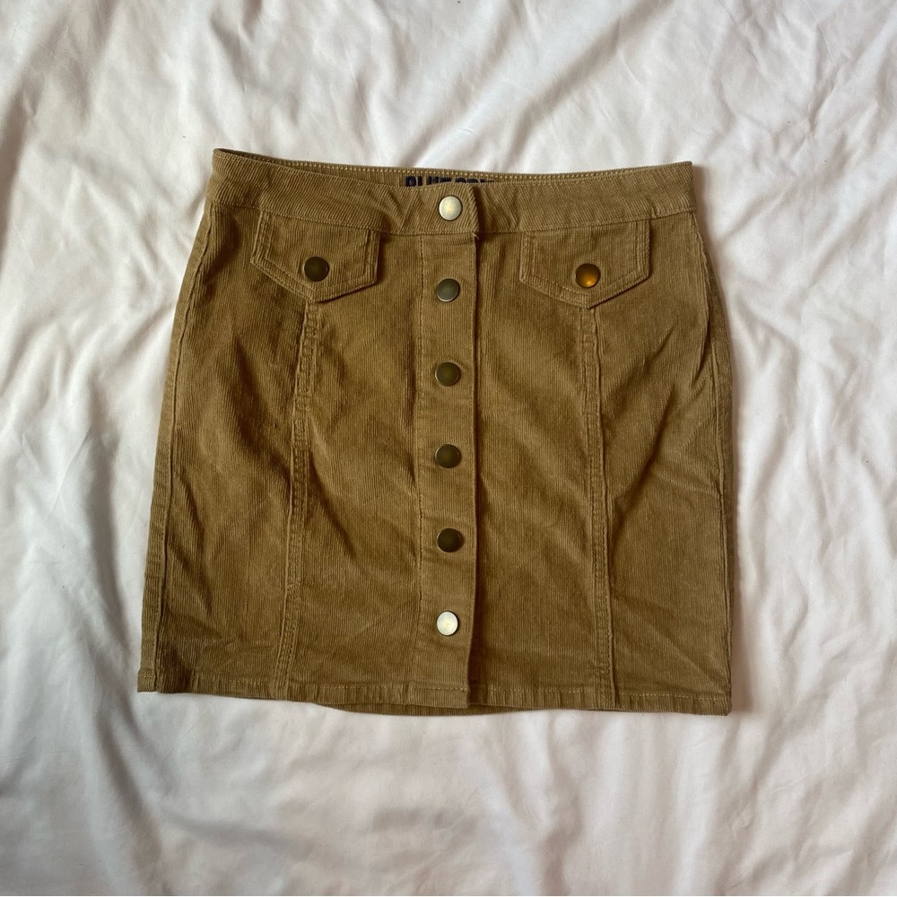High Waisted Blue Spice Tan Button-Front Pencil Skirt